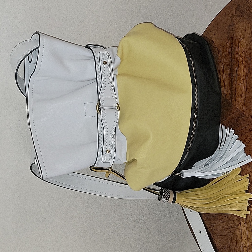 Charles Jourdan Leather Boho Crossbody Bag, Black/Yellow/ White, NWOT - Picture 9 of 16